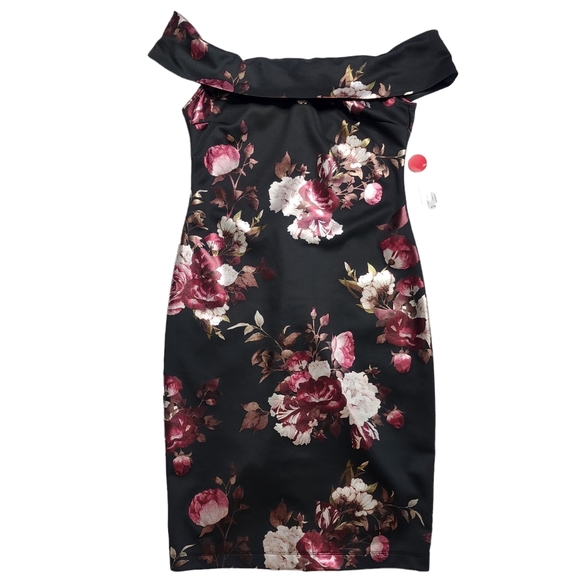 PREMIER AMOUR FLORAL OFF SHOULDER COCKTAIL DRESS Black/Burgundy/Silver S… - Picture 6 of 12